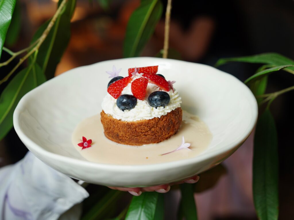 Appetizing homemade cheesecake topped with strawberries and blueberries, held in a bowl.